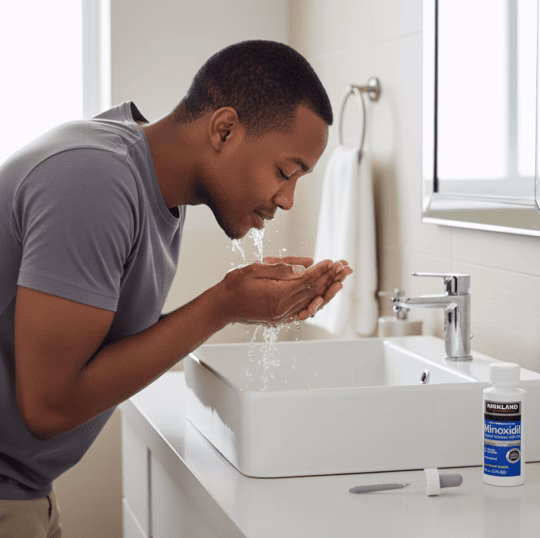 Kenyan man washing his face before using Kirkland Minoxidil